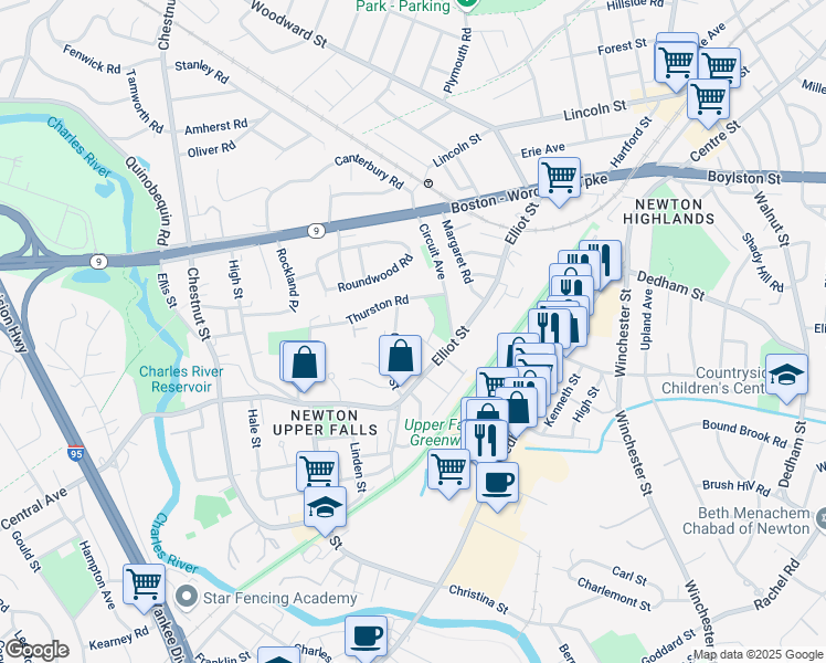 map of restaurants, bars, coffee shops, grocery stores, and more near 16 Columbia Avenue in Newton