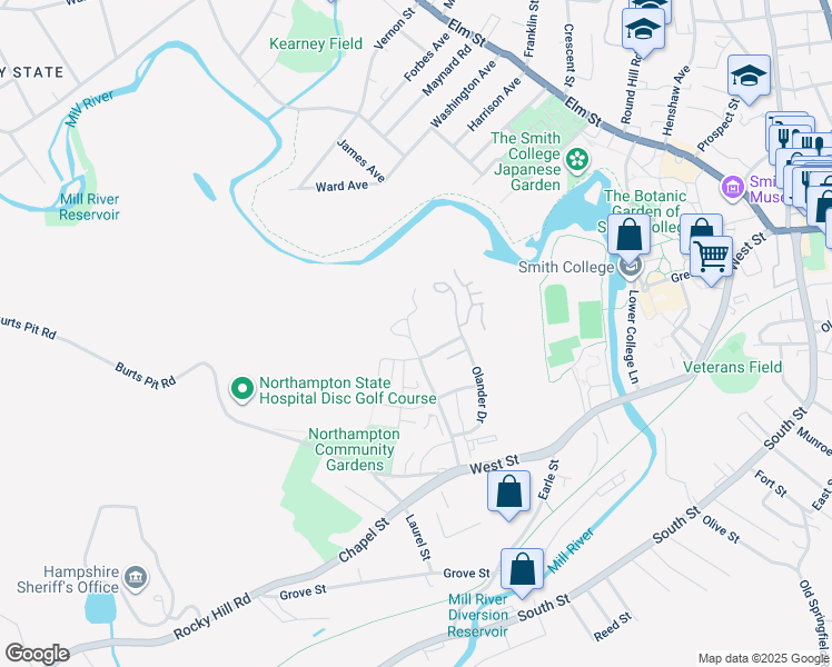 map of restaurants, bars, coffee shops, grocery stores, and more near 15 Higgins Way in Northampton