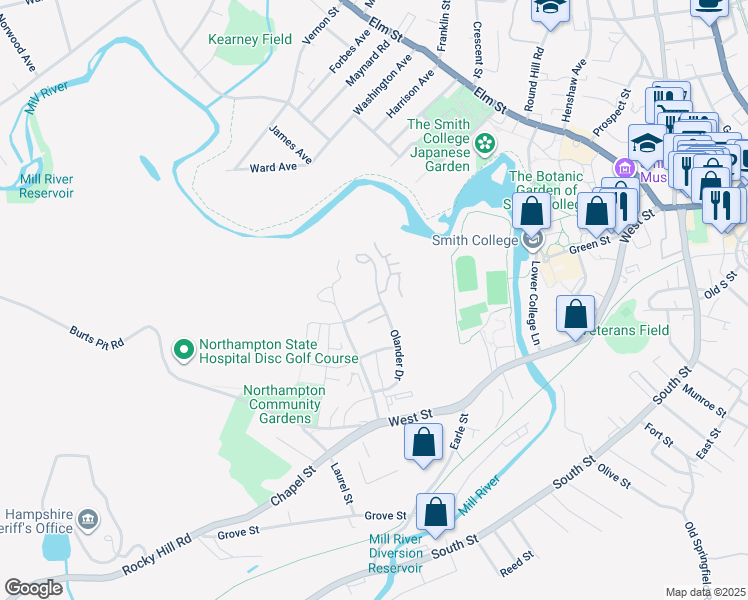 map of restaurants, bars, coffee shops, grocery stores, and more near 11 Ford Crossing in Northampton