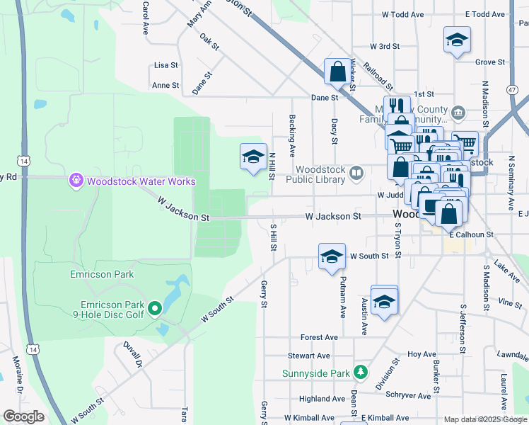 map of restaurants, bars, coffee shops, grocery stores, and more near 606 West Jackson Street in Woodstock