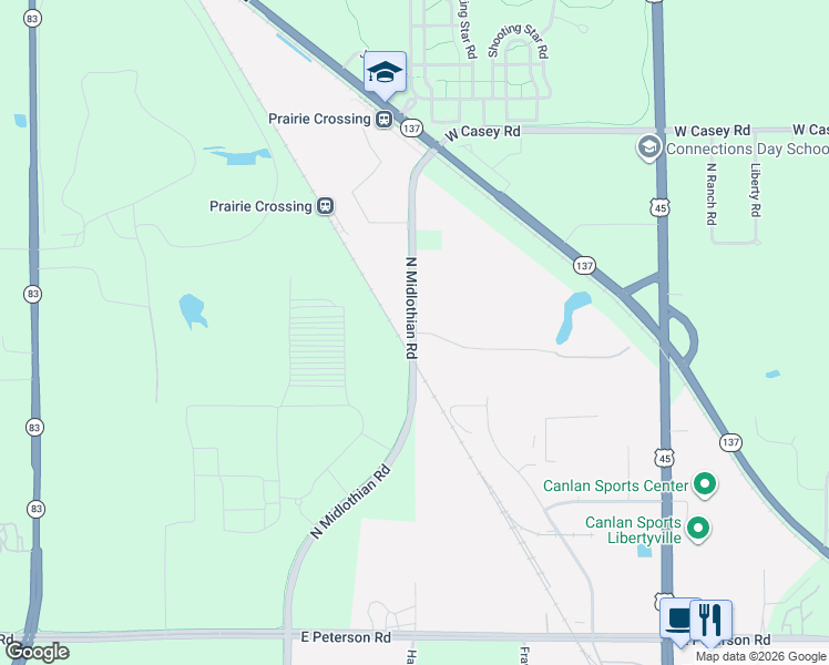 map of restaurants, bars, coffee shops, grocery stores, and more near 31135 North Midlothian Road in Libertyville