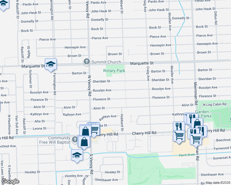 map of restaurants, bars, coffee shops, grocery stores, and more near 32477 Rosslyn Ave in Garden City