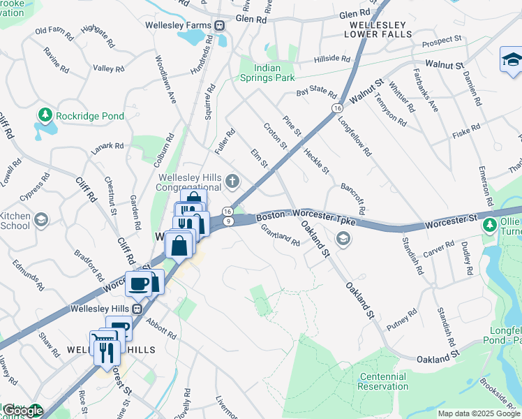 map of restaurants, bars, coffee shops, grocery stores, and more near 389 Worcester Street in Wellesley