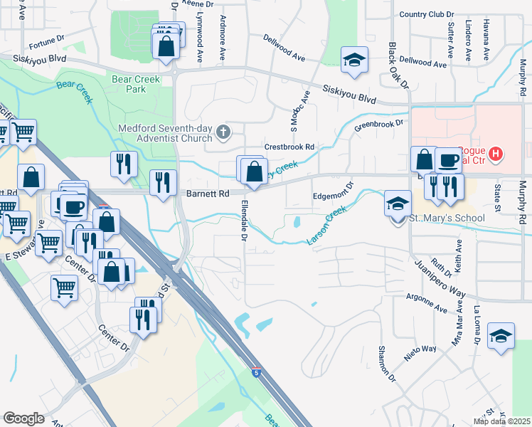 map of restaurants, bars, coffee shops, grocery stores, and more near 1852 East Barnett Road in Medford
