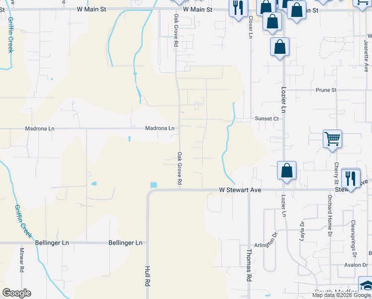 map of restaurants, bars, coffee shops, grocery stores, and more near 939 Oak Grove Road in Medford