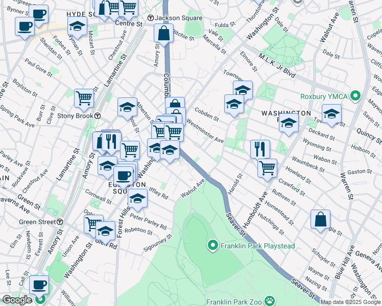 map of restaurants, bars, coffee shops, grocery stores, and more near 2000 Columbus Avenue in Boston