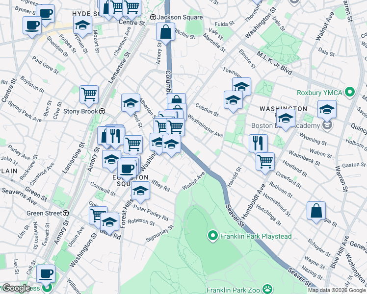 map of restaurants, bars, coffee shops, grocery stores, and more near 2000 Columbus Avenue in Boston