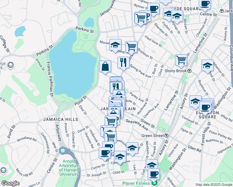 map of restaurants, bars, coffee shops, grocery stores, and more near 21 Pond Street in Boston