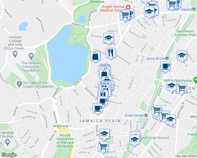 map of restaurants, bars, coffee shops, grocery stores, and more near 21 Pond Street in Boston