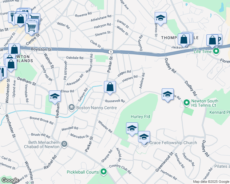 map of restaurants, bars, coffee shops, grocery stores, and more near 25 David Road in Newton
