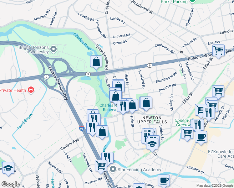 map of restaurants, bars, coffee shops, grocery stores, and more near 989 Chestnut Street in Newton