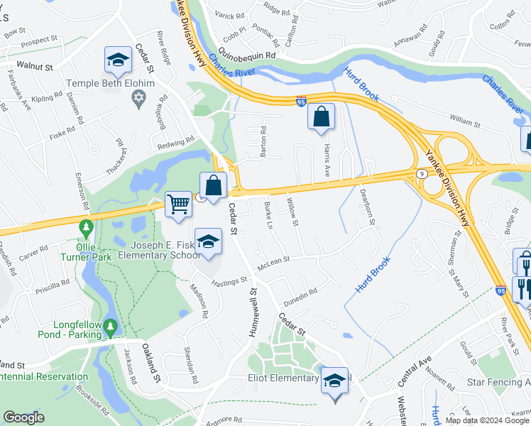 map of restaurants, bars, coffee shops, grocery stores, and more near 14 Willow Park in Wellesley