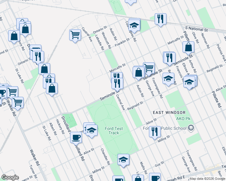 map of restaurants, bars, coffee shops, grocery stores, and more near 1475 Central Avenue in Windsor