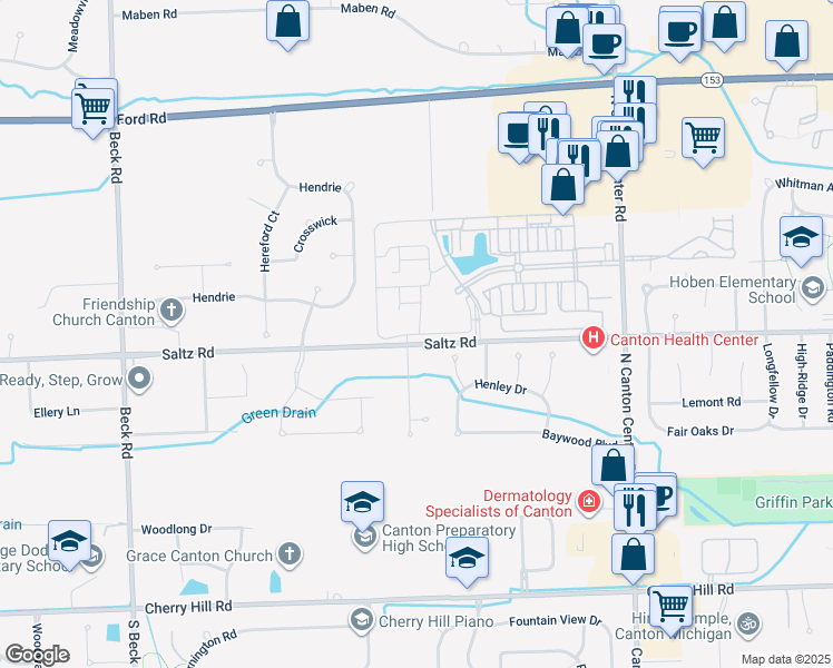 map of restaurants, bars, coffee shops, grocery stores, and more near 46566 Saltz Road in Canton