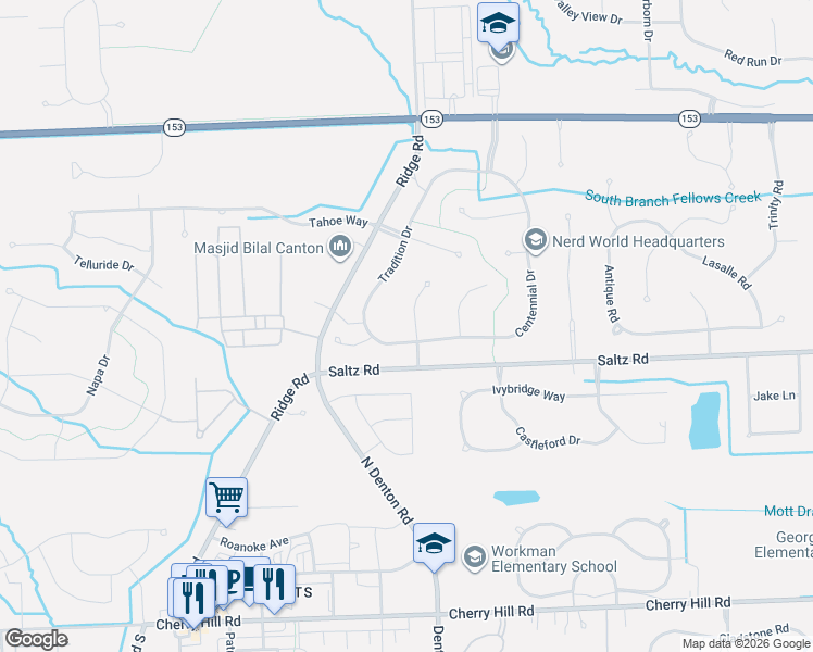 map of restaurants, bars, coffee shops, grocery stores, and more near 1375 Centennial Court in Canton