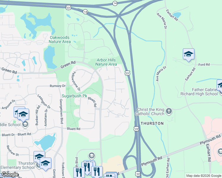 map of restaurants, bars, coffee shops, grocery stores, and more near 3415 Burbank Drive in Ann Arbor