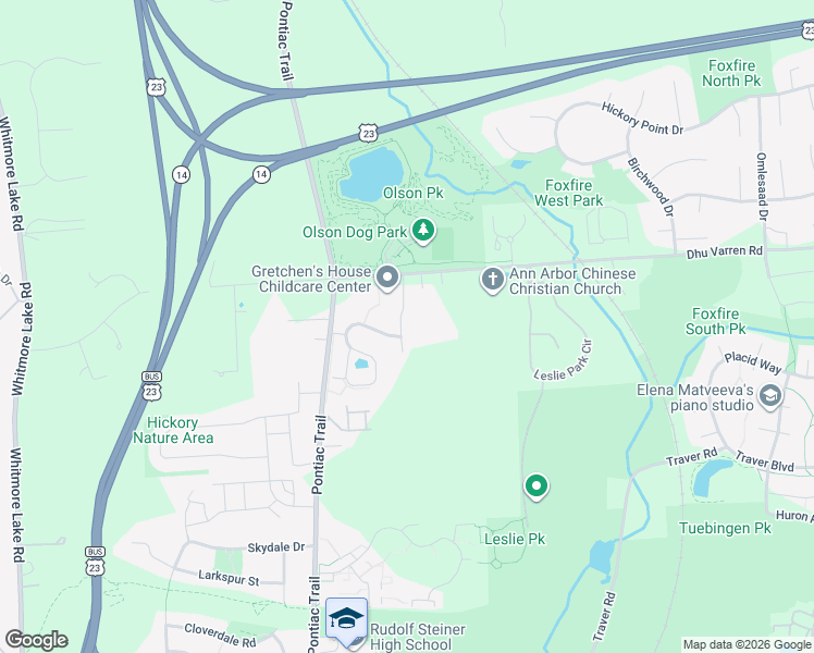 map of restaurants, bars, coffee shops, grocery stores, and more near 2964 Hunley Drive in Ann Arbor