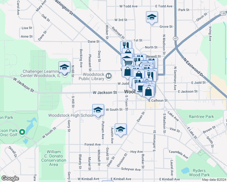 map of restaurants, bars, coffee shops, grocery stores, and more near 444 West Jackson Street in Woodstock