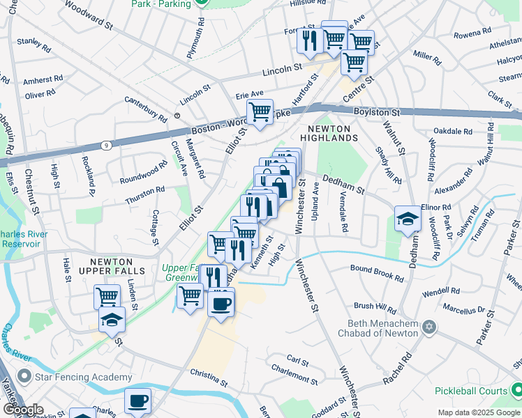 map of restaurants, bars, coffee shops, grocery stores, and more near 79 Needham Street in Newton