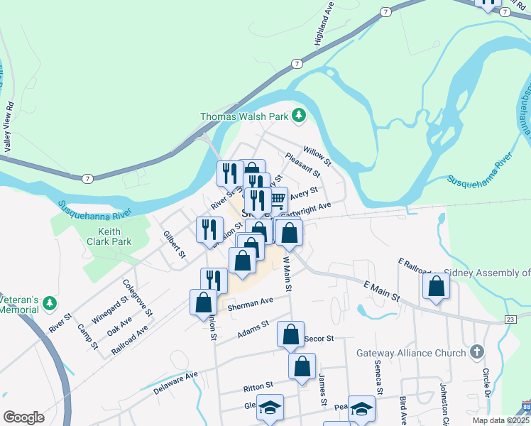 map of restaurants, bars, coffee shops, grocery stores, and more near 79-81 Main Street in Sidney