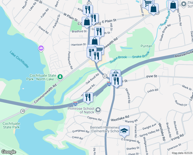 map of restaurants, bars, coffee shops, grocery stores, and more near 6 Oak Knoll Road in Natick