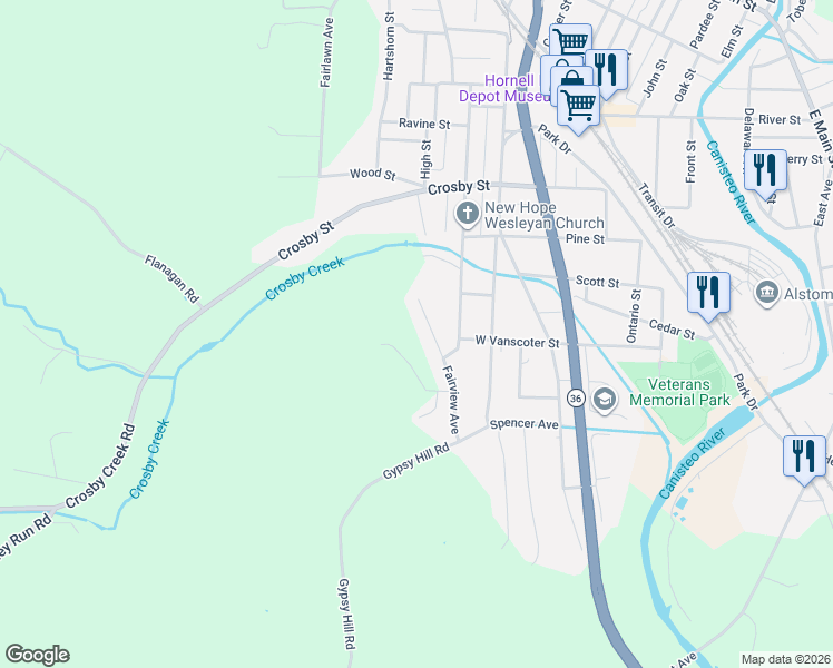 map of restaurants, bars, coffee shops, grocery stores, and more near 391-395 Fairview Avenue in Hornell