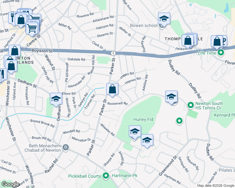 map of restaurants, bars, coffee shops, grocery stores, and more near 25 David Road in Newton
