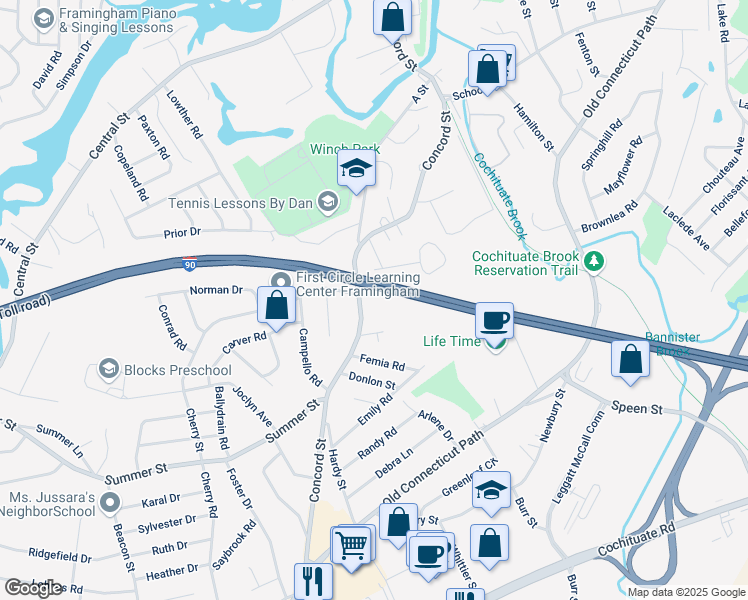 map of restaurants, bars, coffee shops, grocery stores, and more near 1283 Concord Street in Framingham