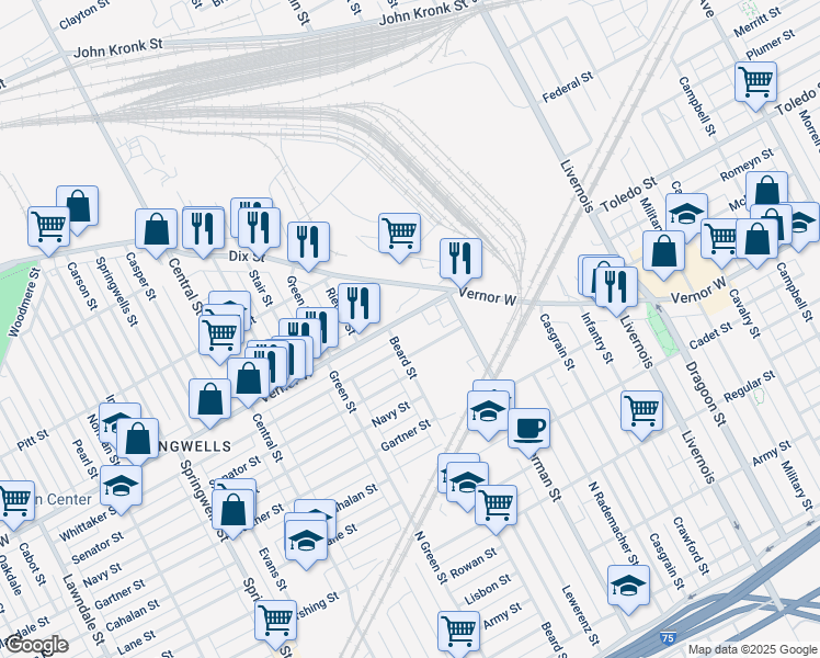 map of restaurants, bars, coffee shops, grocery stores, and more near 6807 Vernor Highway in Detroit