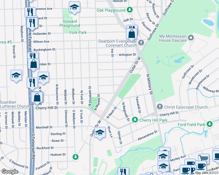 map of restaurants, bars, coffee shops, grocery stores, and more near 23021 Murray Street in Dearborn
