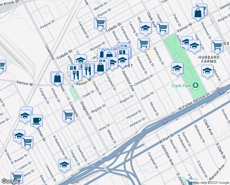 map of restaurants, bars, coffee shops, grocery stores, and more near 1515 Campbell Street in Detroit