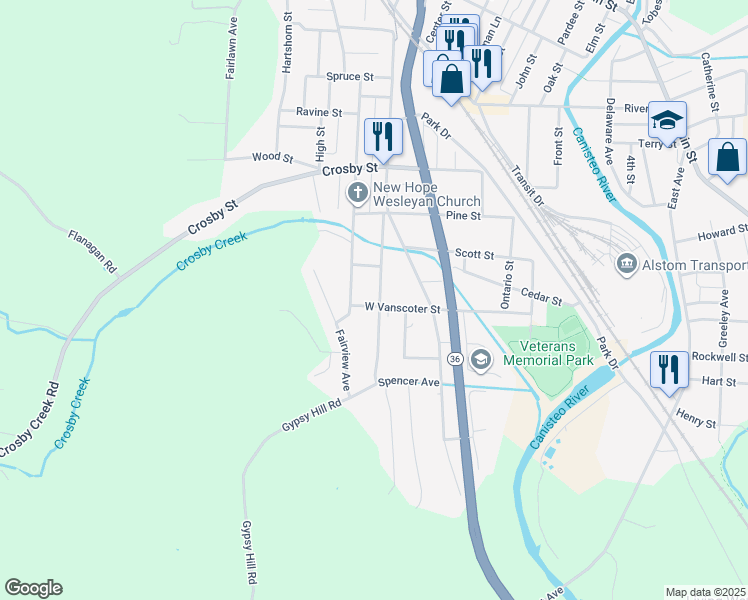 map of restaurants, bars, coffee shops, grocery stores, and more near 395 South Division Street in Hornell