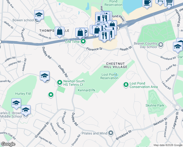 map of restaurants, bars, coffee shops, grocery stores, and more near 102-104 Louise Road in Newton