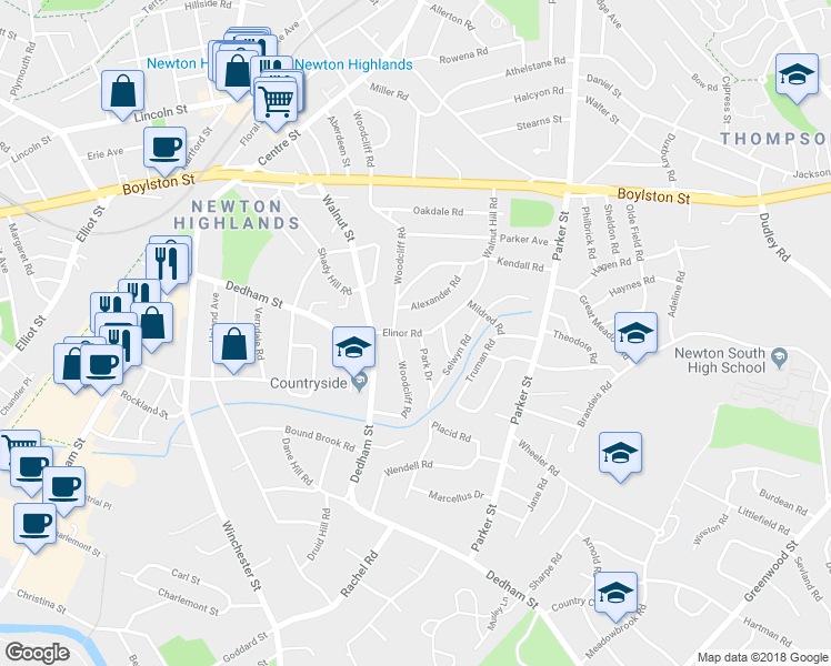 map of restaurants, bars, coffee shops, grocery stores, and more near 32 Elinor Road in Newton