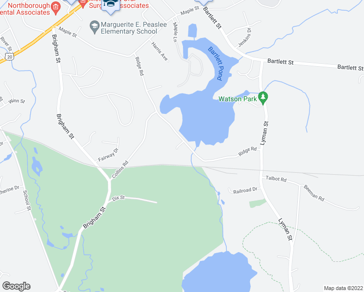 map of restaurants, bars, coffee shops, grocery stores, and more near 90 Ridge Road in Northborough