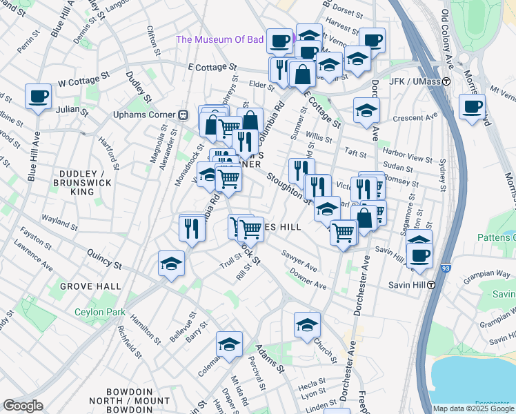 map of restaurants, bars, coffee shops, grocery stores, and more near 41 Upham Avenue in Boston