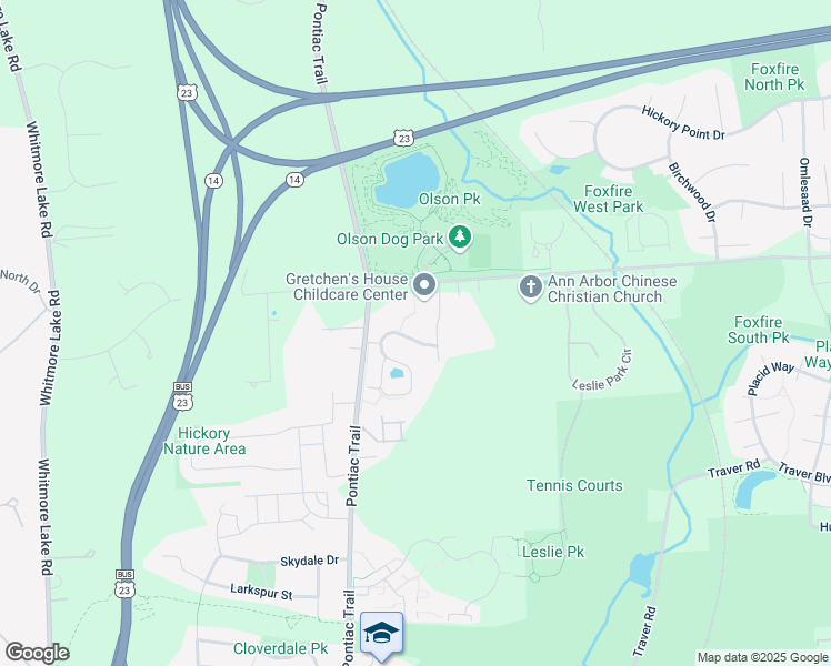 map of restaurants, bars, coffee shops, grocery stores, and more near 2901 North Knightsbridge Circle in Ann Arbor