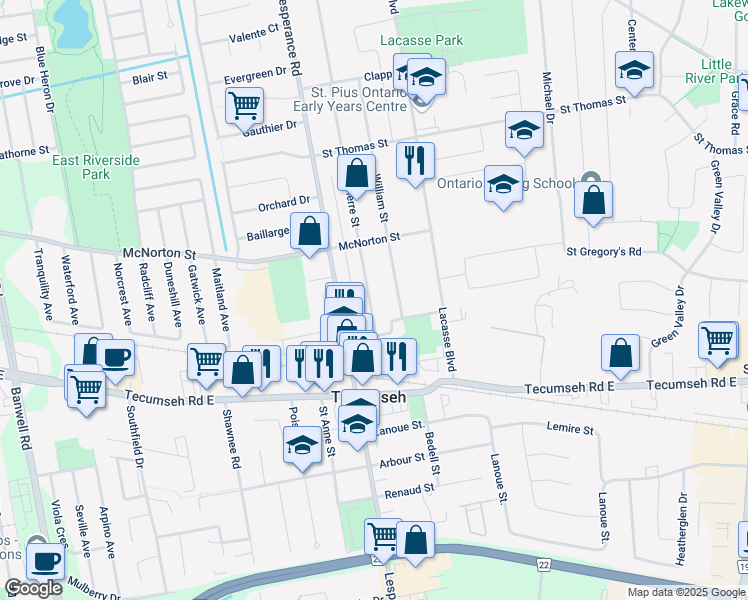 map of restaurants, bars, coffee shops, grocery stores, and more near 1022 Saint Pierre Street in Windsor