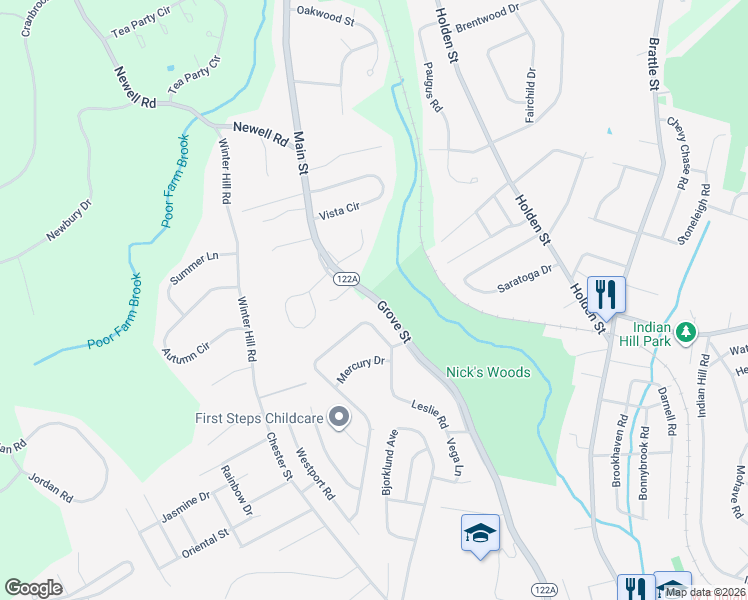 map of restaurants, bars, coffee shops, grocery stores, and more near 1733 Grove Street in Worcester