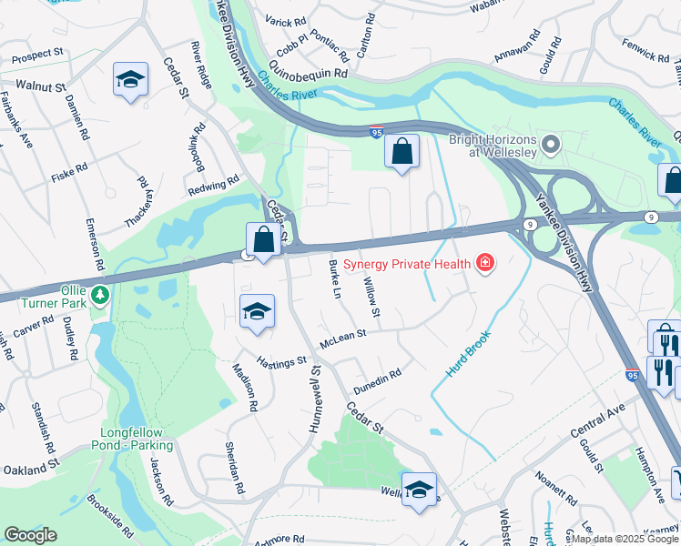 map of restaurants, bars, coffee shops, grocery stores, and more near 14 Willow Park in Wellesley