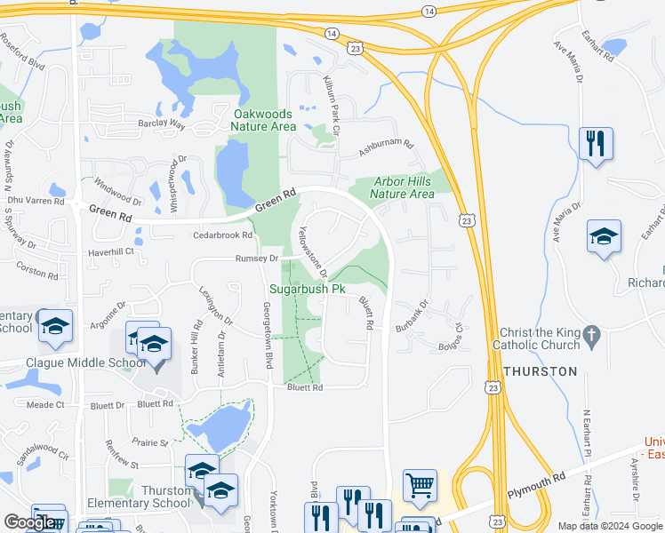 map of restaurants, bars, coffee shops, grocery stores, and more near 3420 Gettysburg Road in Ann Arbor