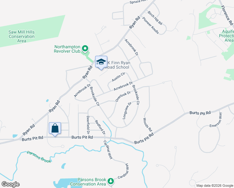 map of restaurants, bars, coffee shops, grocery stores, and more near 62 Overlook Drive in Northampton
