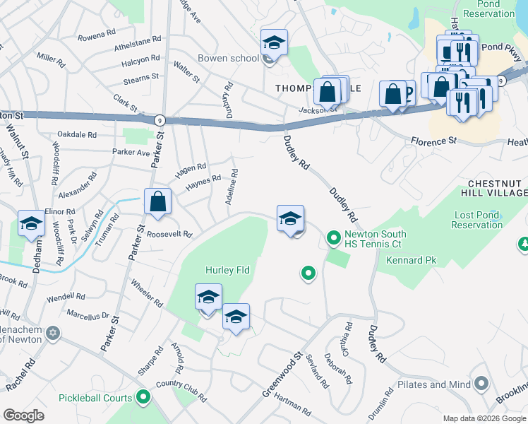map of restaurants, bars, coffee shops, grocery stores, and more near 132 Brandeis Road in Newton