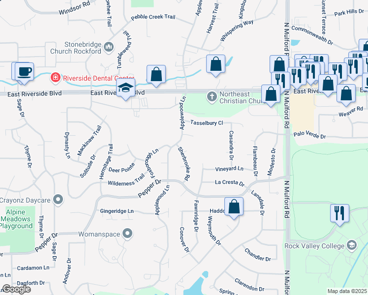 map of restaurants, bars, coffee shops, grocery stores, and more near 5550 Raspberry Trail in Rockford