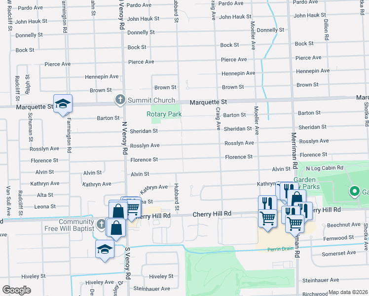 map of restaurants, bars, coffee shops, grocery stores, and more near 32325 Rosslyn Avenue in Garden City