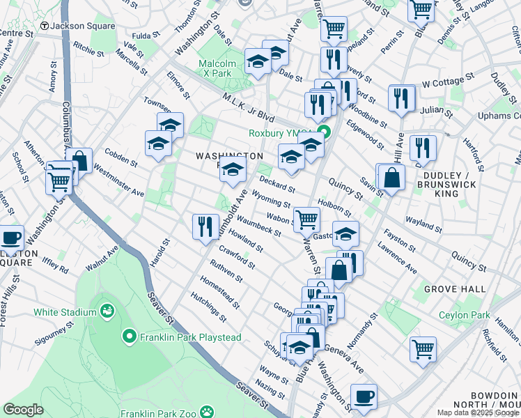map of restaurants, bars, coffee shops, grocery stores, and more near 29 Wabon Street in Boston