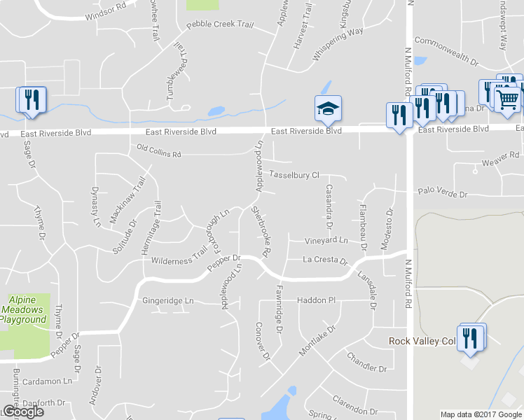 map of restaurants, bars, coffee shops, grocery stores, and more near 5550 Raspberry Trail in Rockford