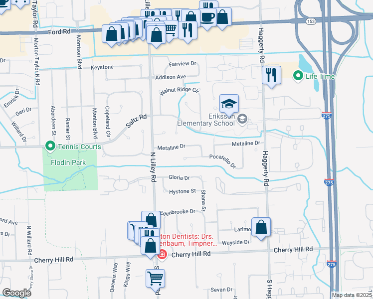 map of restaurants, bars, coffee shops, grocery stores, and more near 42021 Metaline Drive in Canton