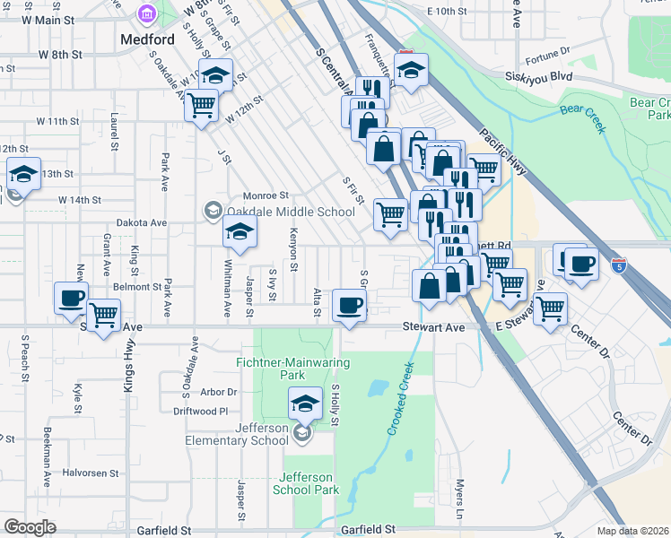 map of restaurants, bars, coffee shops, grocery stores, and more near 924 South Holly Street in Medford