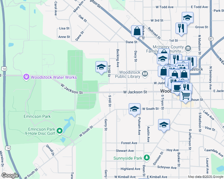 map of restaurants, bars, coffee shops, grocery stores, and more near 606 West Jackson Street in Woodstock
